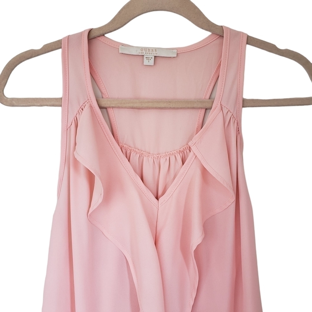 Guess Sleeveless Ruffle Front Racerback Blouse Blush Pink - Picture 4 of 7